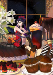Rule 34 | armpits, banana, bare shoulders, bloomers, boots, cake, cherry, chocolate, chocolate cake, cup, cupcake, dress, flower, food, frilled dress, frills, fruit, hair ribbon, high heels, lowres, napkin, night, pastry, plate, pocky, purple hair, ribbon, shoes, sitting, smile, solo, strawberry, striped, sword girls, underwear, wafer, whipped cream, window