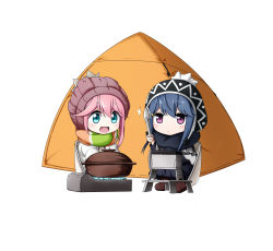 Rule 34 | 2girls, :d, beanie, black hat, black scarf, blue eyes, blue hair, blush, boots, brown footwear, brown hat, closed mouth, commentary request, grill, hair between eyes, hat, highres, holding, hotpot, jacket, kagamihara nadeshiko, kuena, long hair, multiple girls, open mouth, pink hair, portable stove, purple eyes, scarf, shima rin, sidelocks, simple background, sitting, smile, tent, tongs, white background, white jacket, yurucamp