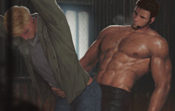 Rule 34 | 2boys, abs, bara, beard, chest hair, chris redfield, dry humping, ethan winters, facial hair, from side, hand on another&#039;s waist, humping, large pectorals, male focus, mature male, multiple boys, muscular, muscular male, navel, navel hair, nipples, paid reward available, pectorals, penguin frontier, resident evil, resident evil village, paid reward available, short hair, sideburns, stomach, sweat, topless male, yaoi