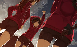 Rule 34 | 3girls, arms up, bike shorts, black bow, black hair, black shorts, bow, braid, braided ponytail, brown hair, closed mouth, cloud, day, dutch angle, from below, frown, hair bow, hands on own hips, highres, jacket, long hair, long sleeves, multiple girls, original, outdoors, ponytail, red jacket, shikei, shiny clothes, shiny skin, short hair, short shorts, shorts, single braid, stretching, thigh gap