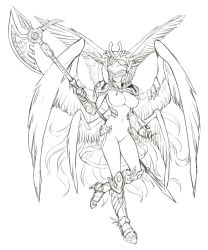 Rule 34 | 1girl, angel, angel wings, armor, axe, battle axe, boots, breasts, closed mouth, feathered wings, greyscale, halo, head wings, high heel boots, high heels, highres, holding, holding weapon, ilias, knee boots, large breasts, maritan (pixelmaritan), armored boots, mon-musu quest!, monochrome, multiple wings, navel, nude, original, pauldrons, seraph, shoulder armor, simple background, sketch, solo, visor (armor), weapon, white background, wings
