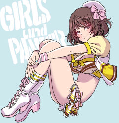 Rule 34 | 1girl, akiyama yukari, alternate costume, blue background, blush, boots, bow, breasts, brown hair, character request, check character, cleavage, copyright name, cropped jacket, cross-laced footwear, embarrassed, girls und panzer, hat, hat bow, highres, knees up, lace-up boots, legs, blue background, messy hair, midriff, puffy short sleeves, puffy sleeves, short hair, short sleeves, simple background, sitting, socks, solo, striped clothes, striped legwear, striped socks, yamashita shun&#039;ya