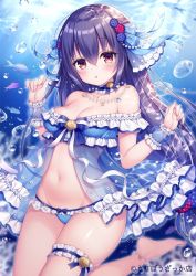 Rule 34 | 1girl, :o, air bubble, animal, bare shoulders, barefoot, bikini, blackberry-chan, blue bikini, blue bow, blush, bow, breasts, bridal garter, brown hair, bubble, cleavage, collarbone, commentary request, day, fish, food-themed hair ornament, groin, hair between eyes, hair bow, hair ornament, hands up, long hair, medium breasts, mitsuba choco, navel, original, outdoors, parted lips, red eyes, see-through, solo, swimsuit, underwater, very long hair, water, watermark, wrist cuffs
