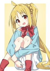 Rule 34 | 1girl, :d, absurdres, ahoge, blonde hair, blue jacket, bocchi the rock!, bow, braid, brown background, brown eyes, commentary request, feet out of frame, head tilt, highres, hugging own legs, ijichi nijika, jacket, knees up, long hair, long sleeves, looking at viewer, open mouth, red bow, red socks, sailor collar, school uniform, serafuku, shirt, side ponytail, sitting, skirt, smile, socks, solo, suta0822, two-tone background, very long hair, white background, white sailor collar, white serafuku, white shirt, white skirt