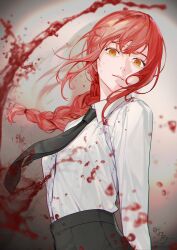 Rule 34 | 1girl, artist name, black necktie, black pants, blood, blood drop, blood on clothes, blood on face, braid, breasts, brown background, buttons, chainsaw man, closed mouth, collared shirt, gradient background, grey background, hair between eyes, hair ornament, highres, long hair, long sleeves, looking at viewer, makima (chainsaw man), medium breasts, necktie, pants, red eyes, red hair, red necktie, ringed eyes, shadow, shi niao, shirt, sidelocks, smile, solo, standing, teeth, white shirt