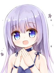 Rule 34 | 1girl, :d, bare shoulders, blue collar, blue dress, blue eyes, blush, collar, commentary request, dress, hair between eyes, hands up, long hair, open mouth, original, own hands together, purple hair, simple background, sleeveless, sleeveless dress, smile, solo, white background, yuuhagi (amaretto-no-natsu)