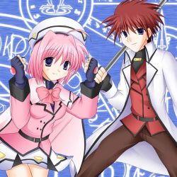 Rule 34 | 00s, 1boy, 1girl, aged up, belt, beret, black gloves, bow, bowtie, buckle, cape, caro ru lushe, clenched hands, cross (crossryou), erio mondial, fingerless gloves, gloves, hat, kerykeion (nanoha), lab coat, long hair, long sleeves, looking at viewer, looking back, lyrical nanoha, mahou shoujo lyrical nanoha, mahou shoujo lyrical nanoha strikers, miniskirt, pants, pink bow, pink bowtie, pink hair, red hair, skirt, strada, uniform, white skirt