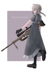 Rule 34 | absurdres, ahoge, black gloves, bolt action, cheytac m200, dress, english text, girls&#039; frontline, gloves, gun, highres, looking at viewer, m200 (girls&#039; frontline), origumi, ponytail, rifle, scope, short sleeves, simple background, sniper rifle, weapon