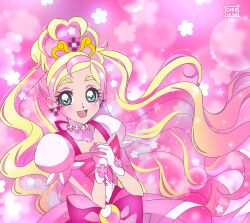 Rule 34 | 1girl, blonde hair, blue eyes, bow, cure flora, cure nico, earrings, gloves, go! princess precure, haruno haruka, high ponytail, highres, jewelry, long hair, magical girl, multicolored hair, pink bow, pink eyes, precure, puffy short sleeves, puffy sleeves, short sleeves, solo, streaked hair, white gloves
