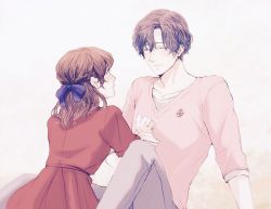 Rule 34 | 1boy, 1girl, blue bow, blush, bow, brown hair, closed eyes, dress, grey pants, hair bow, hetero, holding hands, izumi rei (stand my heroes), knee up, looking at another, medium hair, miyase gou, pants, parted bangs, pink shirt, red dress, shirt, short sleeves, simple background, sitting, stand my heroes, u-go2525