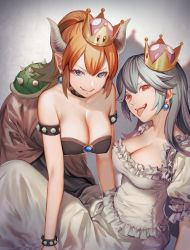 Rule 34 | 2girls, all fours, armlet, blonde hair, blue eyes, blush, bowsette, bracelet, breasts, cleavage, collar, collarbone, commentary request, crown, dress, earrings, fangs, horns, jewelry, large breasts, long hair, looking at viewer, luigi&#039;s mansion, mario (series), multiple girls, new super mario bros. u deluxe, nintendo, open mouth, ponytail, princess king boo, red eyes, shi niao, sitting, smile, spiked armlet, spiked bracelet, spiked collar, spikes, super crown, teeth, tongue, tongue out, white dress, white hair