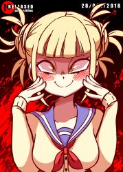 Rule 34 | 10s, 1girl, animated, animated gif, artist name, black background, blonde hair, blue sailor collar, blunt bangs, blush, boku no hero academia, breasts, closed mouth, collarbone, dated, diives, double bun, english text, fangs, female focus, flashing, hair bun, half-closed eyes, hands on own face, hands up, happy, highres, jacket, long sleeves, looking at viewer, medium breasts, messy hair, neckerchief, nipples, no bra, nose blush, off shoulder, open clothes, open mouth, open shirt, red background, red neckerchief, sailor collar, school uniform, serafuku, sharp teeth, shirt, short hair, smile, solo, talking, teeth, text focus, toga himiko, torn clothes, upper body, white shirt, yellow eyes, yellow jacket