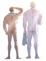 Rule 34 | 2boys, absurdres, ass, back, bara, completely nude, from behind, height difference, highres, kyojinjoa, male focus, multiple boys, muscular, muscular male, nude, porco galliard, reiner braun, shingeki no kyojin, short hair, towel, towel around neck, undercut