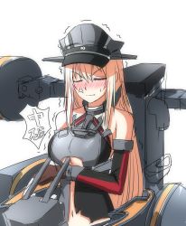 Rule 34 | 10s, 1girl, anchor, anger vein, bare shoulders, between breasts, bismarck (kancolle), black panties, blonde hair, blush, breasts, brown gloves, crossed arms, gloves, hat, highres, kantai collection, large breasts, long hair, lulu heika, military, military hat, military uniform, navel, panties, peaked cap, rensouhou-chan, shiny clothes, solo, sweatdrop, torn clothes, trembling, turret, underboob, underwear, uniform, very long hair