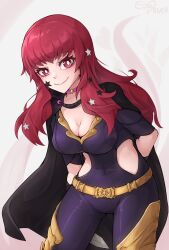 Rule 34 | 1girl, black cape, blush, bodysuit, breasts, cape, choker, cleavage, clothing cutout, eondriver, facial mark, fire emblem, fire emblem engage, hair ornament, highres, large breasts, long hair, looking at viewer, nintendo, red eyes, red hair, side cutout, simple background, smile, solo, star (symbol), star facial mark, star hair ornament, white background, yunaka (fire emblem)