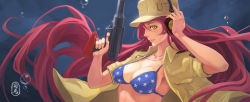Rule 34 | 1girl, american flag bikini, american flag print, bikini, breasts, finger on trigger, flag print, hat, headphones, highres, holding, holding weapon, jewelry, kantai collection, long hair, looking at viewer, necklace, pacific (kancolle), pink hair, print bikini, shirt, sima naoteng, swimsuit, underwater, uss narwhal (ss-167), weapon, yellow eyes