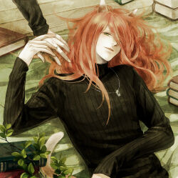Rule 34 | 2boys, androgynous, animal ears, black sweater, cat boy, cat ears, cat tail, commentary request, fuhito, green eyes, half-closed eyes, hand on hand, highres, jewelry, lamento, leaks, long hair, looking at viewer, lying, male focus, multiple boys, necklace, on back, orange hair, parted lips, pile of books, plant, potted plant, ribbed sweater, ring, shui (lamento), smile, solo focus, sweater, tail, turtleneck, turtleneck sweater, upper body, yaoi