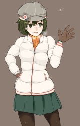 Rule 34 | 10s, 1girl, breath, cabbie hat, down jacket, gloves, hand in pocket, hat, hiryuu (kancolle), jacket, kantai collection, pantyhose, poco (backboa), short hair, simple background, skirt, smile, solo