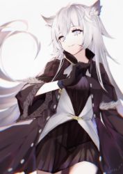 Rule 34 | 1girl, animal ears, arknights, black coat, black dress, black gloves, coat, commentary request, cowboy shot, dress, gloves, grey eyes, grin, highres, lappland (arknights), lappland (refined horrormare) (arknights), leria v, long hair, long sleeves, looking at viewer, official alternate costume, open clothes, open coat, parted lips, scar, scar across eye, scar on face, shirt, short dress, silver hair, simple background, smile, solo, white background, white shirt, wide sleeves, wolf ears