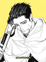 Rule 34 | 1boy, closed mouth, commentary, english commentary, facial hair, facial mark, facial scar, golden kamuy, greyscale, hair slicked back, hair strand, holding, looking at viewer, male focus, monochrome, ogata hyakunosuke, onegingek, scar, scar on cheek, scar on face, signature, simple background, solo, stubble, upper body, yellow background