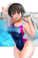 Rule 34 | 1girl, black hair, blue one-piece swimsuit, breasts, brown eyes, commentary request, competition swimsuit, covered navel, cowboy shot, fang, highres, large breasts, looking at viewer, multicolored clothes, multicolored swimsuit, one-piece swimsuit, open mouth, original, pool, short hair, solo, swimsuit, teeth, tkg (tkg medium), towel, upper teeth only