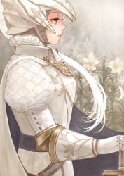 Rule 34 | 1girl, armor, blue eyes, cape, chainmail, eyelashes, female knight, flower, full armor, gauntlets, helmet, holding, holding sword, holding weapon, knight, lily (flower), long hair, original, romiy, solo, sword, weapon, white hair