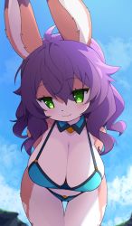 Rule 34 | 1girl, :3, absurdres, ahoge, animal ears, animal nose, arms behind back, bent over, bikini, blue bikini, blue sky, blush, body fur, breasts, bright pupils, brown fur, cleavage, closed mouth, cloud, collarbone, cowboy shot, day, deer ears, detached collar, dev voxy, female focus, furry, furry female, green eyes, hanging breasts, happy, highres, liya (dev voxy), long hair, looking at viewer, original, outdoors, purple hair, sidelocks, skindentation, sky, smile, solo, standing, swimsuit, thigh gap, two-tone fur, white fur, white pupils