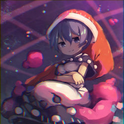 Rule 34 | 1girl, :3, black capelet, blob, breasts, capelet, chii (tsumami tsumamare), chromatic aberration, crossed arms, doremy sweet, dress, feet out of frame, hat, highres, looking at viewer, medium breasts, nightcap, nightgown, pom pom (clothes), purple eyes, purple hair, short hair, sitting, smile, solo, tail, touhou