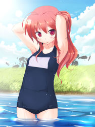 Rule 34 | 1girl, armpits, arms behind head, bad id, bad pixiv id, blush, child, ikujitto, long hair, mabinogi, mari gwydion, one-piece swimsuit, red eyes, red hair, school swimsuit, solo, swimsuit, wading, water, wet