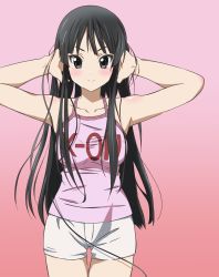 Rule 34 | 1girl, absurdres, akiyama mio, bare arms, black hair, blush, grabbing another&#039;s breast, breasts, closed mouth, collarbone, commentary request, derivative work, grabbing, gradient background, grey eyes, hands on own head, headphones, highres, k-on!, large breasts, long hair, looking at viewer, pink background, pink tank top, shorts, sidelocks, simple background, smile, solo, standing, taketake (ristclutch-exployder), tank top, thighs, tsurime, white shorts, wire