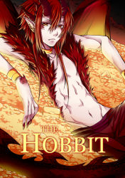 Rule 34 | 1boy, abs, earrings, gold, horns, jewelry, tolkien&#039;s legendarium, male focus, middle earth, money, nail polish, personification, pointy ears, red hair, scales, topless male, smaug, solo, takoyaki kenken, the hobbit, the lord of the rings, wings, yellow eyes