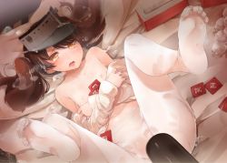 Rule 34 | 10s, 1girl, blush, brown eyes, brown hair, clothes pull, condom, crossed arms, drooling, feet, female focus, flat chest, food, hat, heavy breathing, jitome, kantai collection, legs up, long hair, long sleeves, looking at viewer, lying, makizushi, nipples, no shoes, nude, on back, open mouth, pantyhose, pov, ryuujou (kancolle), sexually suggestive, shin (new), shirt pull, soles, solo, spread legs, sushi, tissue, tissue box, toes, topless, twintails, used tissue, white pantyhose
