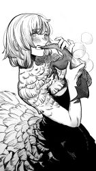 Rule 34 | 1girl, clenched teeth, cowboy shot, creature, dragon, dungeon meshi, eating, falin touden, falin touden (chimera), feathers, from side, greyscale, hatching (texture), highres, holding, holding creature, looking at viewer, minimized, monochrome, monster girl, official art, official style, red dragon (dungeon meshi), short hair, simple background, slit pupils, solo, taur, teeth, white background, wide-eyed, yode