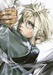 Rule 34 | 2boys, alternate universe, blonde hair, blue eyes, closed mouth, cloud strife, commentary request, earrings, final fantasy, final fantasy vii, glasses, grey hair, hand in another&#039;s hair, highres, jewelry, long hair, lying, male focus, multiple boys, on bed, on stomach, sephiroth, shirt, short hair, single earring, spiked hair, yiran toru