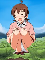 Rule 34 | 1girl, :d, ahoge, blue sky, brown hair, cabbage, closed eyes, cloud, cloudy sky, collared shirt, commentary request, crotch seam, day, facing viewer, hands on own knees, highres, idolmaster, idolmaster million live!, kinoshita hinata, lielos, miniskirt, open mouth, outdoors, panties, pantyshot, partial commentary, pink shirt, plaid, plaid skirt, pleated skirt, red skirt, shirt, short hair, short sleeves, skirt, sky, smile, solo, squatting, underwear, white panties, white shirt