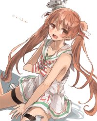 Rule 34 | 10s, 1girl, :d, bare shoulders, brown eyes, brown hair, chibirisu, dark-skinned female, dark skin, dress, fang, hair ribbon, hat, highres, italian flag, italy, kantai collection, libeccio (kancolle), looking at viewer, neckerchief, open mouth, ribbon, sailor dress, simple background, sleeveless, smile, solo, striped neckerchief, twintails