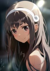 Rule 34 | 1girl, alternate hairstyle, bare arms, bare shoulders, blurry, blurry background, depth of field, from side, gesugesu ahoaho, hachikuji mayoi, hair down, hair ornament, hairband, light smile, long hair, looking at viewer, monogatari (series), nude, outdoors, rain, red eyes, solo, thick eyebrows, wet, wet hair, white hairband