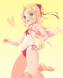 Rule 34 | 1girl, absurdres, bad id, bad pixiv id, barefoot, bikini, blonde hair, bow, commentary request, cowboy shot, denchisoft, fang, flat chest, front-tie top, gradient background, green eyes, hair bow, highres, himesaka noa, long hair, one-piece tan, open mouth, red bikini, side-tie bikini bottom, smile, solo, standing, standing on one leg, swimsuit, tan, tanline, watashi ni tenshi ga maiorita!, yellow background