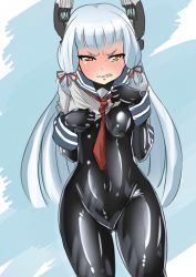 Rule 34 | 10s, 1girl, angry, ayuayu (shouyu no sato), black bodysuit, blue hair, blush, bodysuit, bodysuit under clothes, breasts, brown eyes, clenched teeth, clothes lift, kantai collection, latex, latex suit, long hair, looking at viewer, md5 mismatch, murakumo (kancolle), navel, orange eyes, revision, school uniform, serafuku, shiny clothes, shirt lift, silver hair, small breasts, solo, teeth, wide hips, yellow eyes