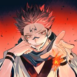 Rule 34 | 1boy, black nails, blue scarf, brown hair, cheek rest, extra eyes, facial tattoo, fire, fire, highres, japanese clothes, jujutsu kaisen, kimono, looking at viewer, magic, male focus, mayer, nail polish, open hand, open mouth, red background, red eyes, ryoumen sukuna (jujutsu kaisen), scarf, short hair, smile, solo, spiked hair, tattoo, teeth, tsurime, upper body, white kimono