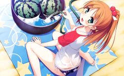 Rule 34 | 1girl, :d, absurdres, arm support, barefoot, bikini, bikini under clothes, brown hair, feet, food, from above, fruit, green eyes, hair bobbles, hair ornament, halterneck, highres, hose, huge filesize, kantoku, long hair, looking at viewer, looking back, minagawa yuuhi, no pants, open mouth, ponytail, print bikini, raglan sleeves, scan, see-through, shirt, side-tie bikini bottom, sitting, smile, soles, solo, star (symbol), star print, swimsuit, swimsuit under clothes, toes, tub, wariza, water, watermelon, wet, wet clothes, wet shirt, your diary