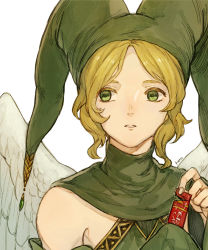 Rule 34 | 1boy, androgynous, artist name, bare shoulders, blonde hair, detached sleeves, elona, feathered wings, gem, green eyes, green gemstone, green hat, hands up, hat, hat ornament, herayoshi, highres, holding, jester cap, kumiromi of harvest, long sleeves, looking away, male focus, parted lips, portrait, sidelocks, sideways glance, simple background, sleeves past fingers, sleeves past wrists, solo, turtleneck, white background, wings
