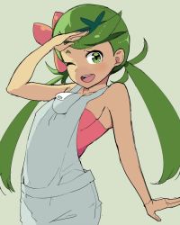 Rule 34 | 1girl, ;d, apron, bare shoulders, blush, breasts, creatures (company), dark-skinned female, dark skin, eightman, flower, flower on head, game freak, green eyes, green hair, grey background, hair flower, hair ornament, looking at viewer, mallow (pokemon), nintendo, one eye closed, open mouth, overalls, pink shirt, pokemon, pokemon sm, salute, shirt, sideboob, simple background, sleeveless, sleeveless shirt, small breasts, smile, solo, trial captain, twintails