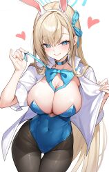 Rule 34 | 1girl, absurdres, animal ear hairband, animal ears, aqua bow, aqua bowtie, aqua eyes, aqua leotard, asuna (blue archive), asuna (bunny) (blue archive), between breasts, black choker, black pantyhose, blonde hair, blue archive, blue bow, blue eyes, blush, bow, bowtie, breasts, choker, covered erect nipples, esseppd, fake animal ears, hairband, halo, heart, highres, large breasts, leotard, long hair, looking at viewer, mole, mole on breast, open clothes, open shirt, pantyhose, playboy bunny, rabbit ear hairband, rabbit ears, shirt, simple background, smile, solo, straight hair, strapless, very long hair, white background, white shirt