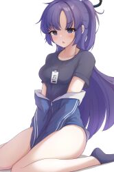 Rule 34 | 1girl, black shirt, black socks, blue archive, blue jacket, commentary request, facial mark, haine (artist), halo, highres, id card, jacket, long hair, long sleeves, mechanical halo, partially unzipped, ponytail, purple eyes, purple hair, shirt, short sleeves, simple background, socks, solo, star (symbol), track jacket, white background, yuuka (blue archive), yuuka (track) (blue archive)