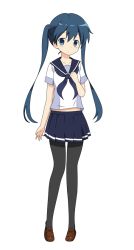 Rule 34 | 1girl, black pantyhose, blouse, blue eyes, blue hair, blue neckerchief, blue sailor collar, blue skirt, blush, breasts, brown footwear, closed mouth, collarbone, full body, hand on own chest, kin-iro mosaic, komichi aya, long hair, looking at viewer, midriff, mikeneko96, neckerchief, pantyhose, pleated skirt, sailor collar, school uniform, serafuku, shirt, short sleeves, simple background, skirt, small breasts, solo, standing, twintails, white background, white shirt