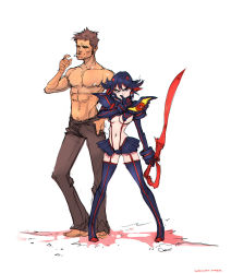 Rule 34 | 10s, 1boy, 1girl, barefoot, black hair, boots, breasts, cigarette, crossover, darren geers, elbow gloves, facial hair, fight club, gloves, height difference, highres, horns, kill la kill, matoi ryuuko, microskirt, multicolored hair, navel, pants, red hair, revealing clothes, senketsu, signature, skirt, stubble, suspenders, thigh boots, thighhighs, topless male, two-tone hair, tyler durden, underboob