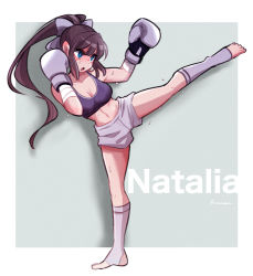 Rule 34 | 1girl, amazu (kurozu), bandaged arm, bandages, bare shoulders, blue eyes, bow, boxing gloves, breasts, brown hair, cleavage, commentary, commission, english commentary, full body, grey background, grey bow, grey shorts, grey socks, hair between eyes, hair bow, highres, kicking, kneehighs, leg up, long hair, looking away, medium breasts, navel, no shoes, open mouth, original, ponytail, short shorts, shorts, signature, socks, solo, standing, standing on one leg, stirrup legwear, sweat, toeless legwear, two-tone background, very long hair, white background