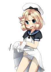Rule 34 | 1girl, black neckwear, blonde hair, blue eyes, blue sailor collar, commentary request, cowboy shot, dress, dress shirt, gloves, hat, highres, janus (kancolle), kantai collection, looking at viewer, nassukun, panties, parted bangs, sailor collar, sailor dress, sailor hat, shirt, short hair, short sleeves, simple background, solo, standing, underwear, white background, white dress, white gloves, white hat, white panties