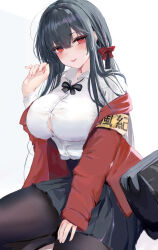 Rule 34 | 1girl, absurdres, armband, azur lane, bag, black bow, black bowtie, black hair, black pantyhose, black skirt, blush, bow, bowtie, breasts, brown pantyhose, button gap, collared shirt, commentary request, hair between eyes, hair bow, hand up, highres, jacket, large breasts, long hair, long sleeves, looking at viewer, loose bowtie, lshiki, off shoulder, official alternate costume, pantyhose, parted lips, pleated skirt, red bow, red eyes, red jacket, revision, school bag, school uniform, shirt, shirt tucked in, shoulder bag, skirt, sleeveless, sleeveless shirt, smile, solo, taihou (azur lane), taihou (sweet time after school) (azur lane), white shirt, yellow armband